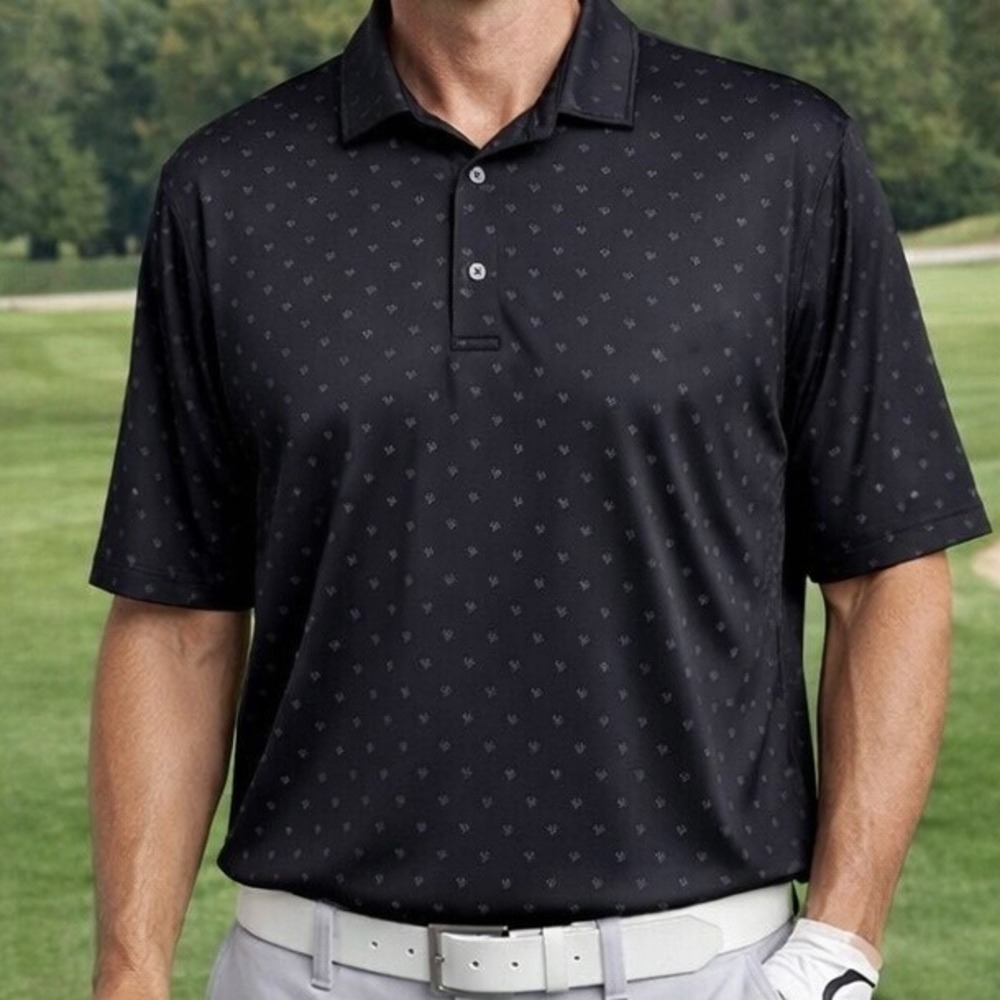 Greg Norman Polo Shirt Men Large Black ML75 Play Dry‎ Geometric Print Golf Shark